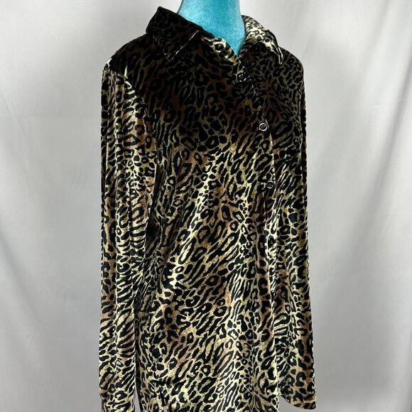 Vintage y2k DENIM & CO. Vintage Leopard Print Velvet Button-Up Shirt (Size S) - Picture 5 of 7
